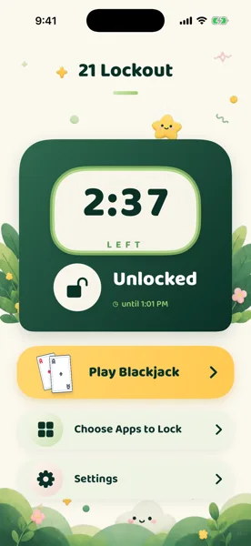 21 Lockout home screen showing an unlocked countdown and Play Blackjack button