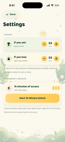 21 Lockout settings screen for setting win and loss stakes plus emergency unlock