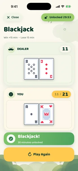 21 Lockout blackjack win screen showing 30 minutes unlocked