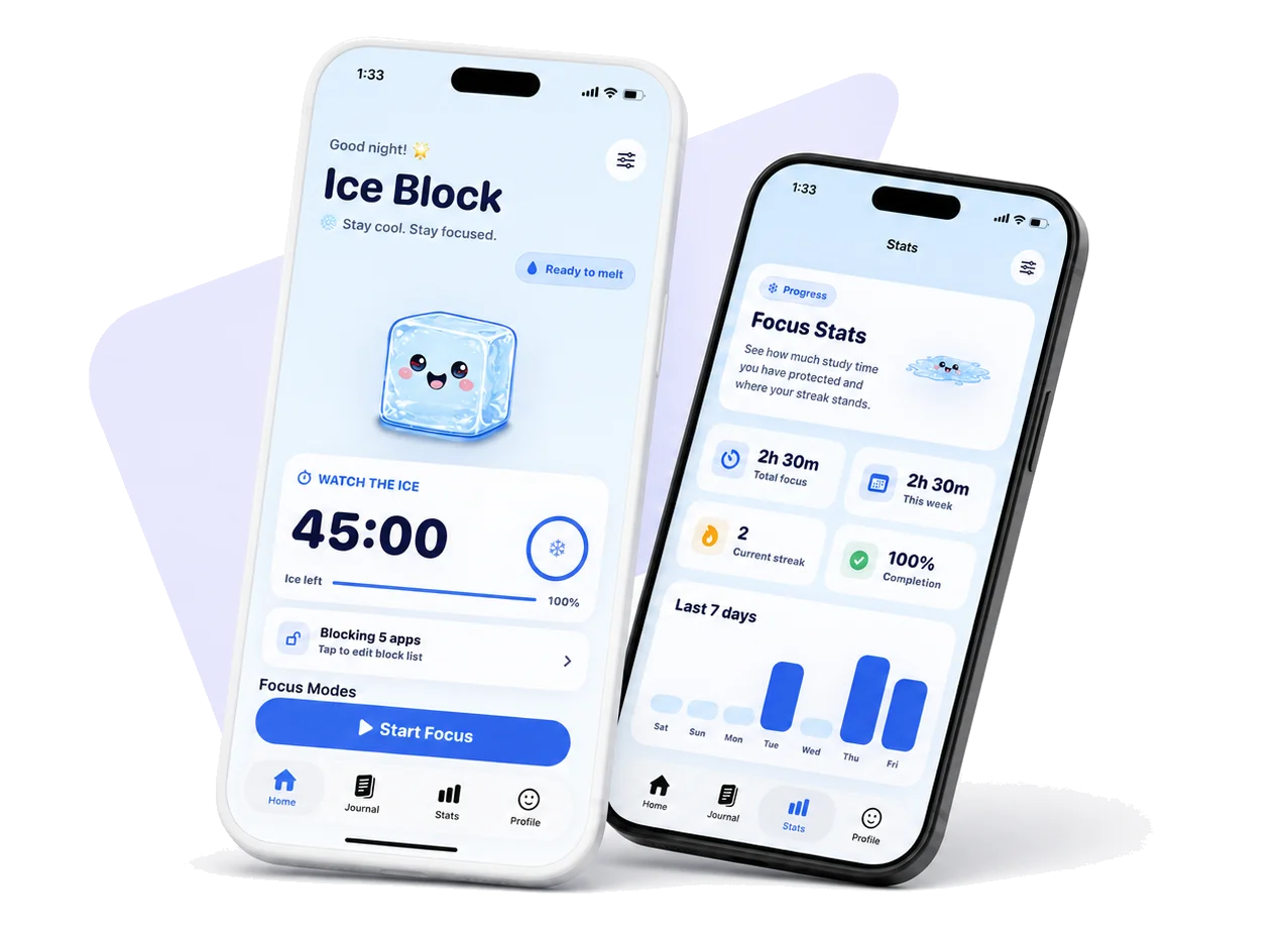 Two angled iPhone mockups showing Ice Block home and focus stats screens