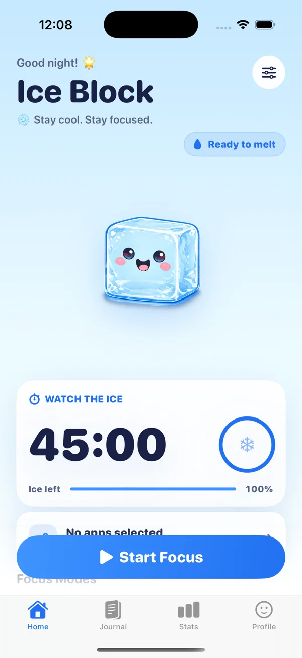 Ice Block home screen — ice companion with 45:00 timer and Start Focus button