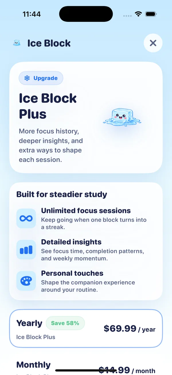 Ice Block Plus paywall screen showing yearly plan